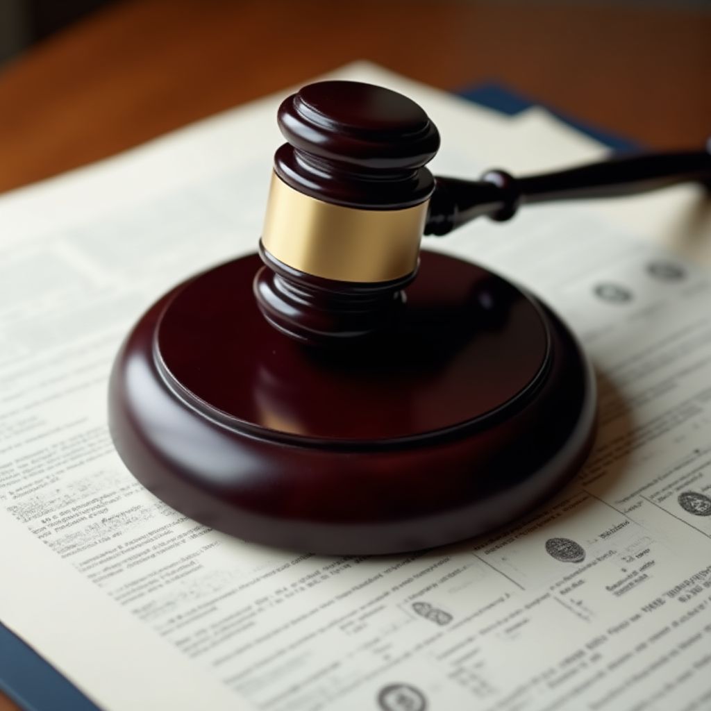 Un mazo de juez sobre documentos legales con símbolos de criptomonedas